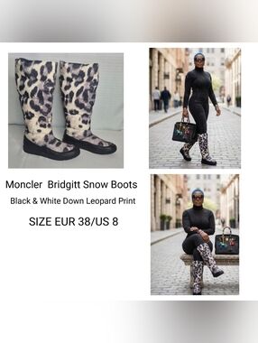 Moncler BLACK/WHITE Down Leopard Print Bridgitt Snow Knee High Boots EUR 38/US 8